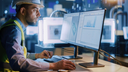 Fototapete - Electronics Design Factory Office: Portrait of Handsome Male Engineer Wearing Safety Vest Working on Computer, Developing Industrial Microchips. Manufacturing Processors.