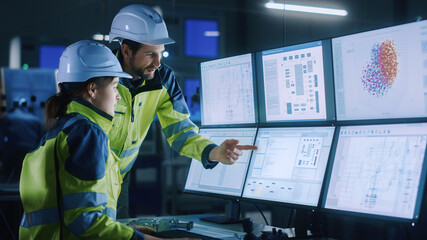Aufkleber - Industry 4.0 Modern Factory: Chief Project Manager Talks to Female Engineer, She Points at Computer Screens Showing Complex Industrial Electronics Design Blueprints, They Have Find Problem Solution