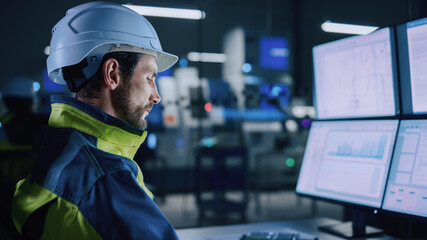 Aufkleber - Industry 4.0 Modern Factory: Portrait of Facility Operator Controls Workshop Production Line, Uses Computer with Screens Showing Complex UI of Machine Operation Processes, Controllers