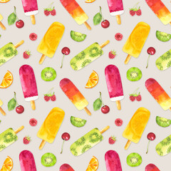 Wall Mural - Seamless pattern with watercolor fruit popsicles and berries isolated on gray background.