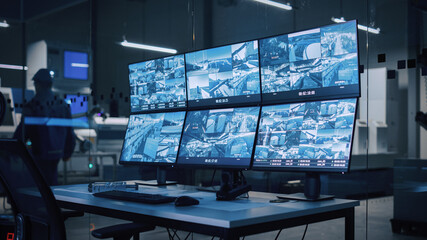 Leinwandbilder - Industry 4.0 Modern Factory: Security Control Room with Multipoke Computer Screens Showing Surveillance Camera Footage Feed. High-Tech Security