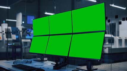 Leinwandbilder - Industry 4.0 Modern Factory: Security Control Room with Multipoke Computer with 6 Screens Showing Green Screen Teplates, Great for Mock-up. High-Tech Security