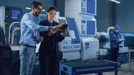 Aufkleber - Portrait of Two Professional Engineers Use Industrial Digital Tablet to Work with Augmented Reality. Great Template Shot for Augmented Reality. Factory Workshop with CNC Machinery.