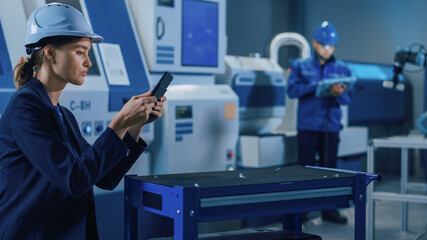 Aufkleber - Portrait Shot of Professional Female Engineer Uses Industrial Digital Tablet to Work with Augmented Reality. Great Template Shot for Augmented Reality. Factory Workshop with CNC Machinery.