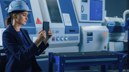 Aufkleber - Portrait Shot of Professional Female Engineer Uses Industrial Digital Tablet to Work with Augmented Reality. Great Template Shot for Augmented Reality. Factory Workshop with CNC Machinery.
