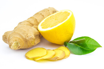 Wall Mural - Ginger, lemon and green leaves , bio, healthy food isolated on white background