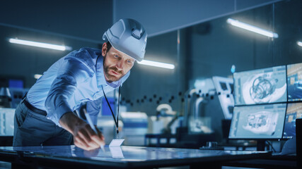 Poster - Industry 4.0 Modern Factory Office Meeting Room: Handsome Male Engineer Wearing Hardhat, Uses Pen on Touchscreen Digital Table to Correct, Draw Machinery Blueprints. High-Tech Electronics Facility 