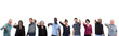 group of people holding her thumb down and serious on white background
