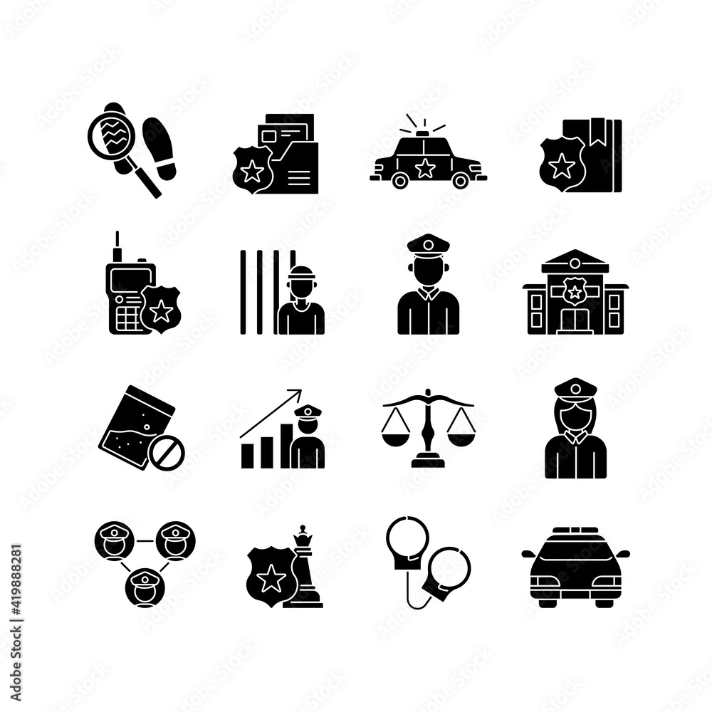 Police linear glyph set. Law enforcement. Transport, protection ...