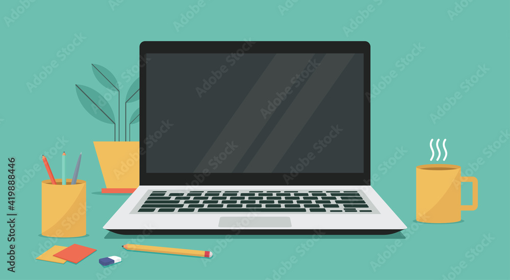 laptop computer with blank empty display screen for copy space on workplace, vector flat illustration	 - obrazy, fototapety, plakaty 