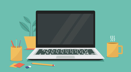 laptop computer with blank empty display screen for copy space on workplace, vector flat illustratio
