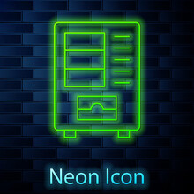 Glowing Neon Line Vending Machine Of Food And Beverage Automatic Selling Icon Isolated On Brick Wall Background. Vector