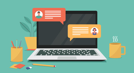 online chatting on laptop computer concept, man and woman connecting together and work from anywhere, vector flat illustration	
