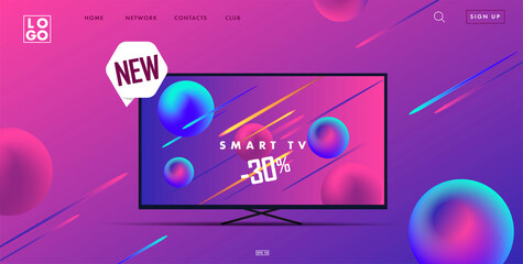 Web site landing page with 3d smart tv illustration and interface elements, gadget advertising promo banner in ultraviolet neon colors