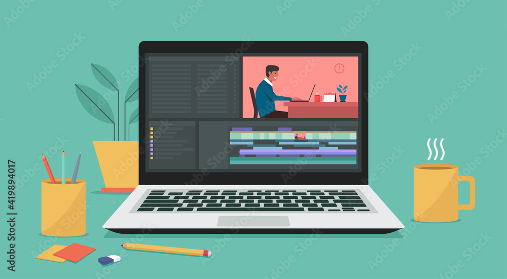 Video editing software on laptop computer. Workplace for freelancer and editor, vlogger or movie making, vector flat illustration	
 - obrazy, fototapety, plakaty 