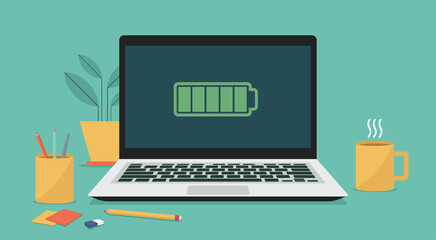 Laptop computer with full battery icon on screen, vector flat illustration