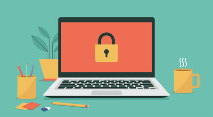 computer system security concept with padlock icon on laptop screen, vector flat illustration	
