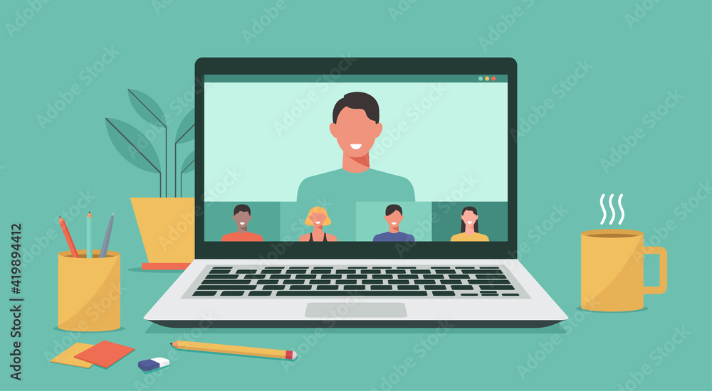 people connecting together, learning and meeting online via teleconference or video conference remote working on laptop computer, work from home and anywhere, vector flat illustration - obrazy, fototapety, plakaty 