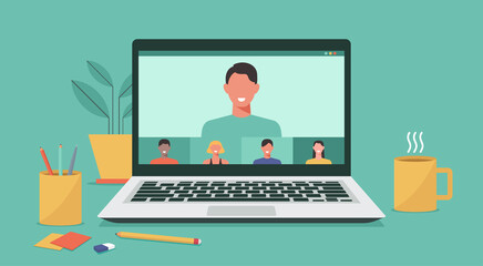 people connecting together, learning and meeting online via teleconference or video conference remote working on laptop computer, work from home and anywhere, vector flat illustration