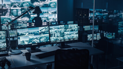 Fototapete - Two Digital Computer Screens with Surveillance CCTV Video in a Harbour Monitoring Center with Multiple Cameras on a Big Digital Screen. Employees Sit in Front of Displays with Big Data