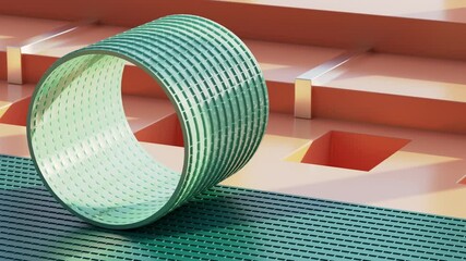 Minimalist loop animation, metalic ring shape rolling on straight plan, simple geometric shapes. Seamless movement, looped background, cyclic live image, modern animated poster 3d render animation