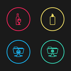 Poster - Set line FTP folder upload, settings, Burning candle and Wine bottle with glass icon. Vector