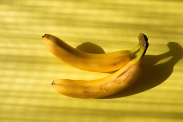 Two fresh ripe bananas on yellow background. Close up.