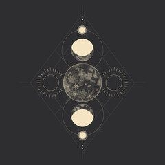 Vector illustration set of moon phases. Different stages of moonlight activity in vintage engraving style. branches of plants and flowers. sacred isoteric geometry