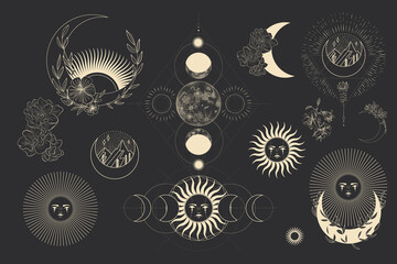 Vector illustration set of moon phases. Different stages of moonlight activity in vintage engraving style. branches of plants and flowers. sacred isoteric geometry