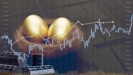 Gold and oil stock market invest concept. Graph bar and arrow chart with oil and eggs gold in nest background. 3d render.