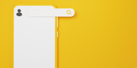 Wall Mural - Minimal Blank 3d illustration search bar yellow coloured. Searching, stories of interest on the internet and social media. Information Networking Find hacker people Concept