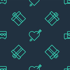 Sticker - Set line Amour with heart and arrow, Gift box and Like on seamless pattern. Vector