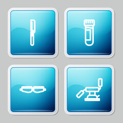 Wall Mural - Set line Medical saw, Test tube with blood, Safety goggle glasses and dental chair icon. Vector