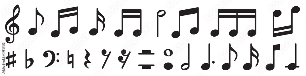 Music notes set. Music simbol. Musicnotes icons. Black treble clef, note, sharp, natural, flat, measure, bar, stave and other. Musical notes icons - stock vector. - obrazy, fototapety, plakaty 