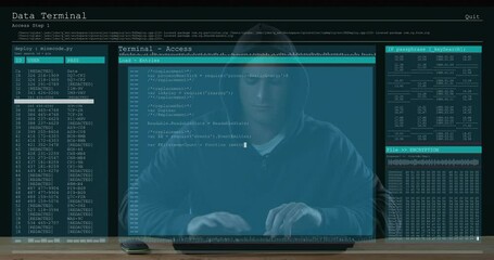 Poster - Animation of data processing on computer screens over male hacker using computer