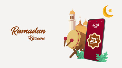 Wall Mural - ramadhan greeting flat poster illustration with eid mubarak typography and islamic mosque background