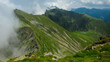 © Alexandru V - Stormy clouds are covering the sharp crests of Fagaras mountains peak. Summer season, the alpine pasture is bright green. Carpathia, Romania.