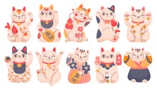 Japanese Lucky Cats. Cartoon Maneki Neko Toy In Traditional Clothes, Holding Fish, Bells And Gold Coin. Asian Waving Fortune Cat Vector Set