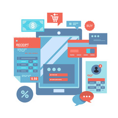 Wall Mural - On line shopping and payment Methods. Mobile payments. ems online via phone and laptop. Online Shopping, Application, Service, Banking. Home delivery service. Flat vector illustration
