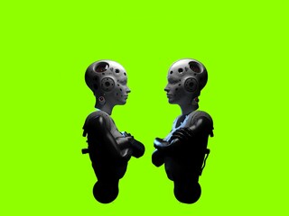 portrait of two robots looking at each other. isolated 3d illustration for use with dark background