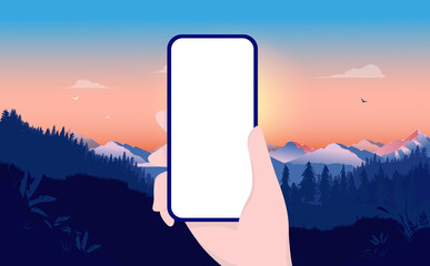 Leinwandbilder - Hand holding smartphone with blank screen outdoors in sunrise. Editable mockup. Vector illustration