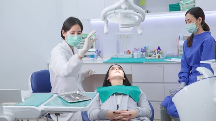 Wall Mural - Operation of dental team performing dental checkup to female patient.