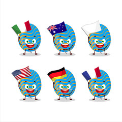 Wall Mural - Light blue easter egg cartoon character bring the flags of various countries