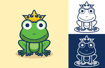 Canvas Print - Funny frog wearing gold crown is sitting. Vector icon illustration