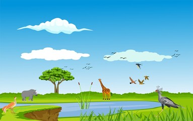 Wall Mural - Couple of cheetah  in African savannah, green nature landscape, vector