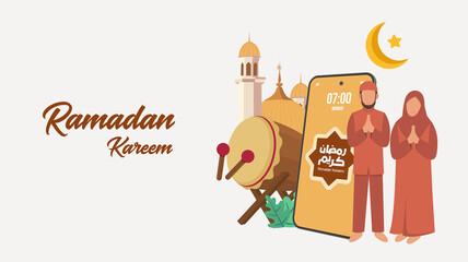 Wall Mural - Flat Ramadan Kareem beautiful greeting card with arabic with smartphone mosque, moon, Arabian Muslim Family and drum. Vector Illustration