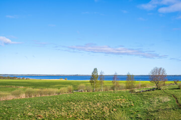 View of a grass meadow by a lake in the spring