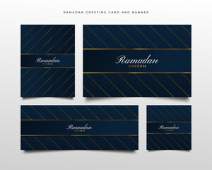 Wall Mural - Luxury Banner and Greeting Card with Gold and Blue Composition in Paper Cut Style for Ramadan Kareem Greeting