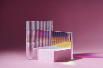 Wall Mural - geometric shapes podium for product display. monochrome platform with gloss acrylic sheets on pink b