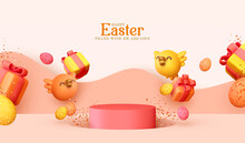 Happy Easter. Realistic Festival Podium Display Mockup Background. Funny Yellow And Pink Chicks Fly, 3d Gift Boxes. Festive Easter Design. Concept Holiday Sale Template. Vector Illustration